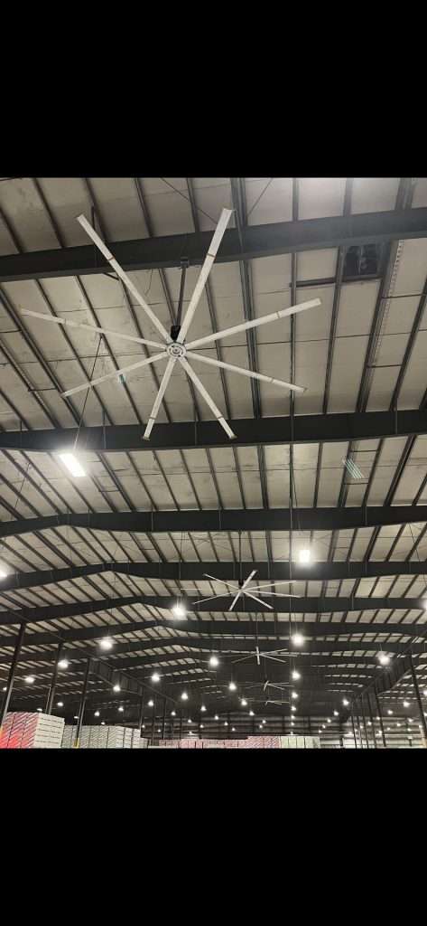 Completed HVLS fan installation on a warehouse ceiling